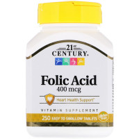 21st Century, Folic Acid, 400 mcg, 250 Easy to Swallow Tablets
